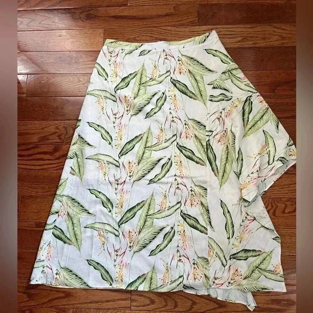 BCBGMAXAZRIA TROPICAL-PRINT ASYMMETRICAL MIDI SKIRT IN MULTI BIRD PRINT Sz M - Picture 2 of 12